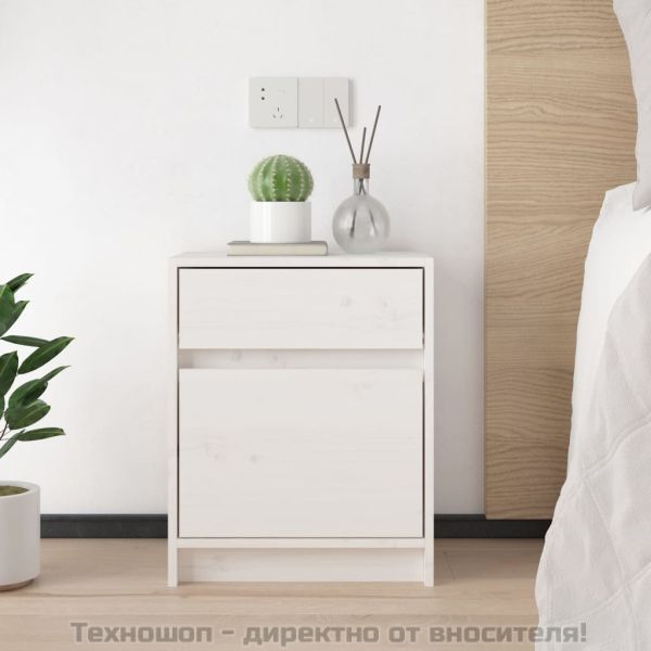 Нощно шкафче, бяло,40x31x50 см, борово дърво масив