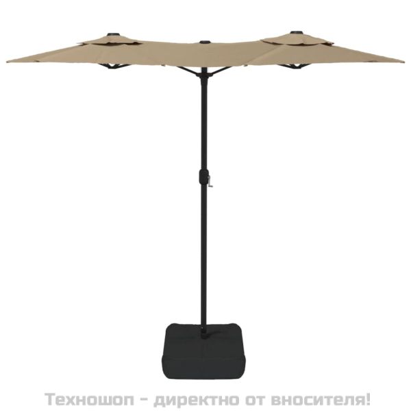 Градински чадър с двоен покрив и LED, таупе, 316x145 см