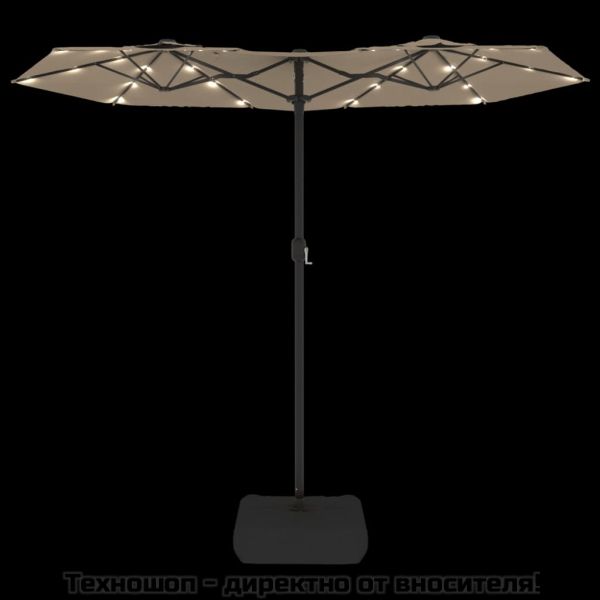 Градински чадър с двоен покрив и LED, таупе, 316x145 см
