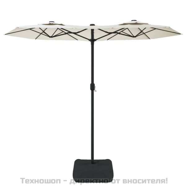 Градински чадър с двоен покрив и LED, пясъчнобяло, 316x145 см