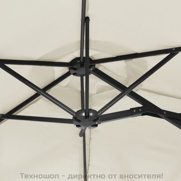 Градински чадър с двоен покрив и LED, пясъчнобяло, 316x145 см