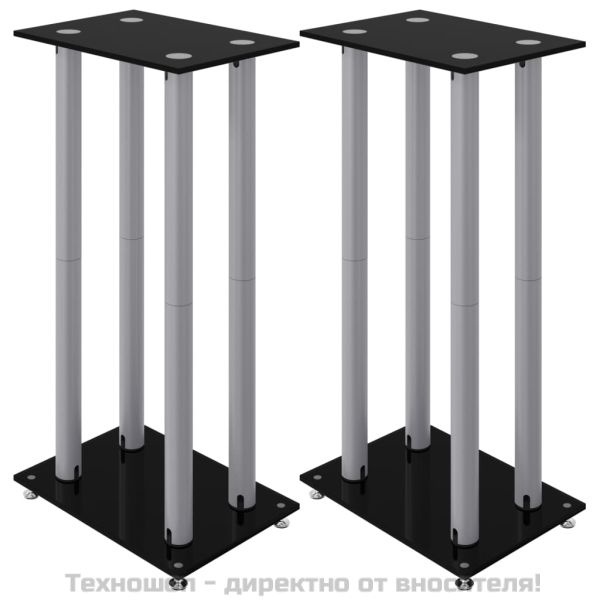 Стойки за тонколони 2 бр черно/сребро закалено стъкло 4 стълба