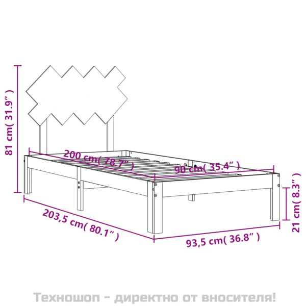 Рамка за легло без матрак, бял, 90x200 см, бор масив