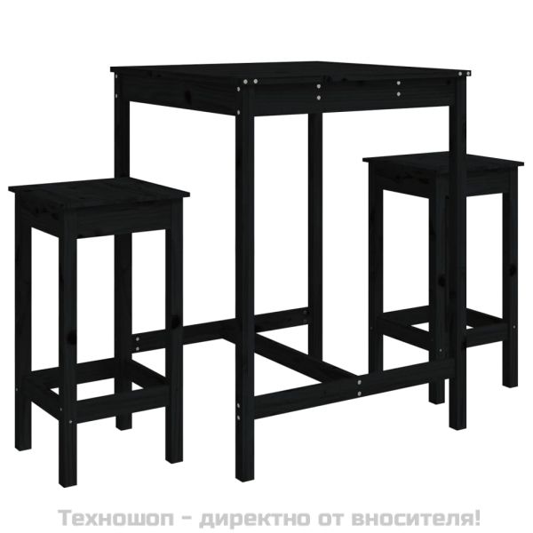 Градински бар комплект от 3 части, черен, масивно дърво бор