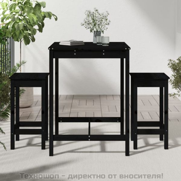 Градински бар комплект от 3 части, черен, масивно дърво бор
