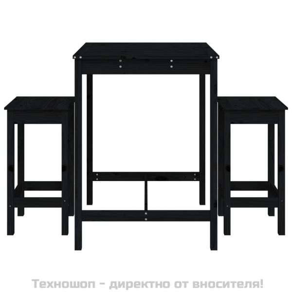 Градински бар комплект от 3 части, черен, масивно дърво бор