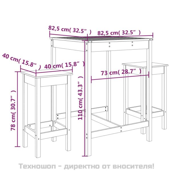 Градински бар комплект от 3 части, черен, масивно дърво бор