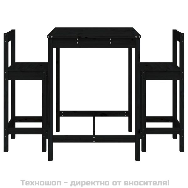 Градински бар комплект от 3 части, черен, масивно дърво бор