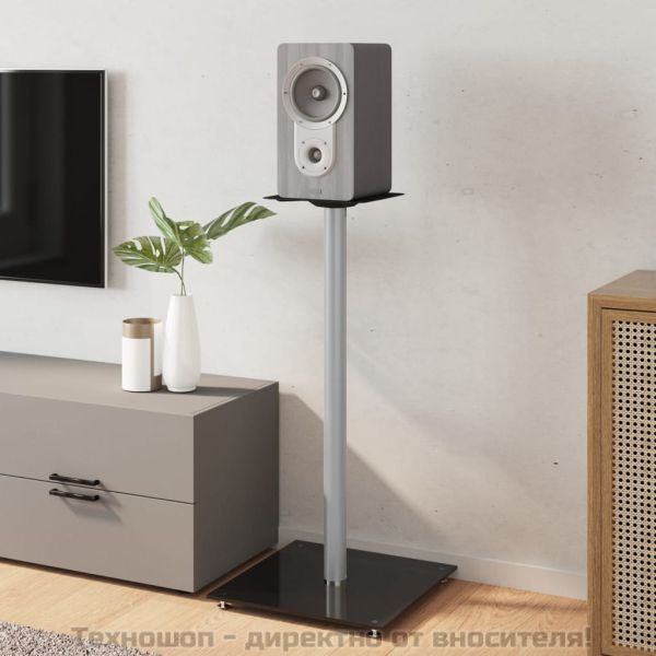 Стойки за тонколони 2 бр черно/сребро закалено стъкло 1 стълб