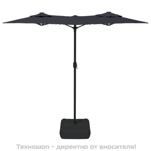 Градински чадър с двоен покрив и LED, черен, 316x145 см