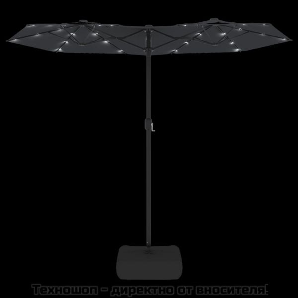 Градински чадър с двоен покрив и LED, черен, 316x145 см