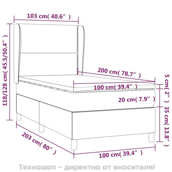 Боксспринг легло с матрак, светлосиво, 100x200 см, кадифе