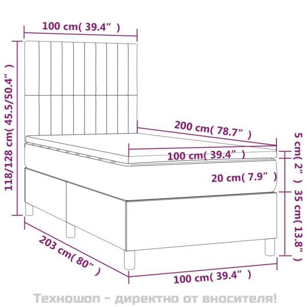 Боксспринг легло с матрак, тъмносиво, 100x200 см, кадифе