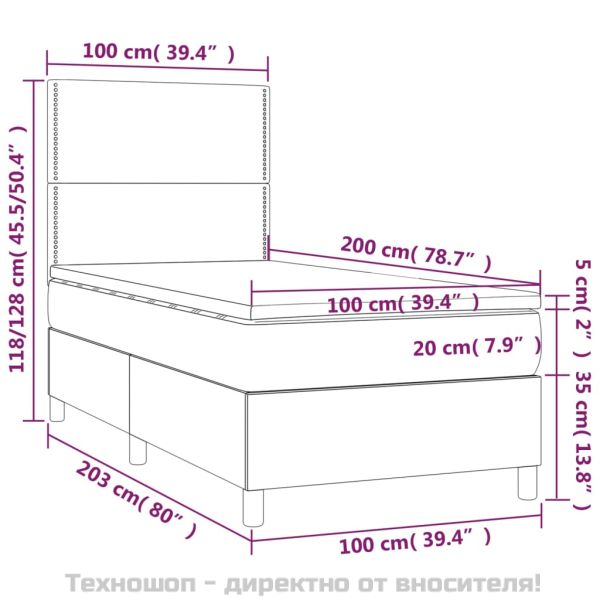 Боксспринг легло с матрак, тъмносиво, 100x200 см, плат