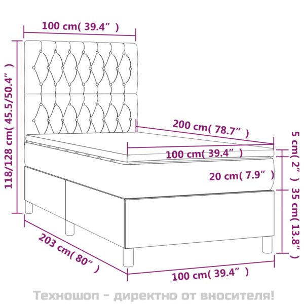 Боксспринг легло с матрак, тъмносиво, 100x200 см, плат
