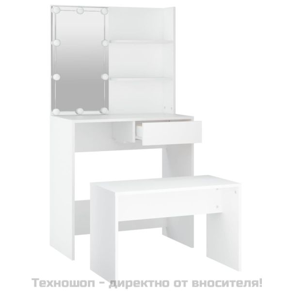 Комплект тоалетка с LED, бяла, инженерно дърво