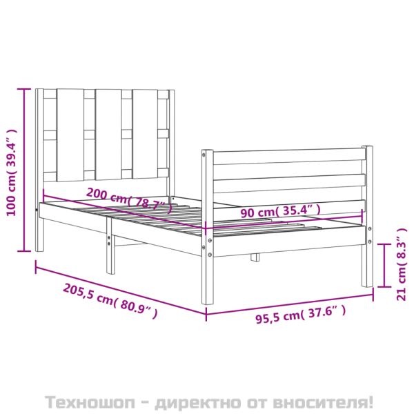Рамка за легло с табла, 90x200 см, масивно дърво