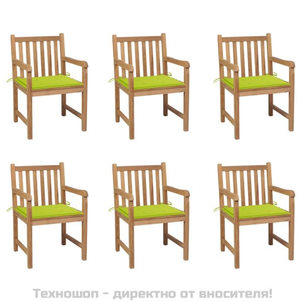 Градински столове 6 бр, яркозелени възглавници, тик масив
