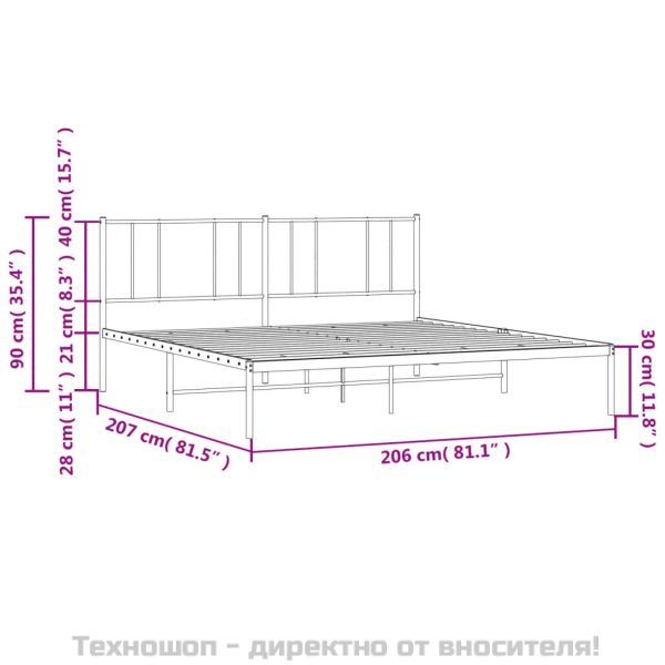 Метална рамка за легло с горна табла, черна, 200x200 см