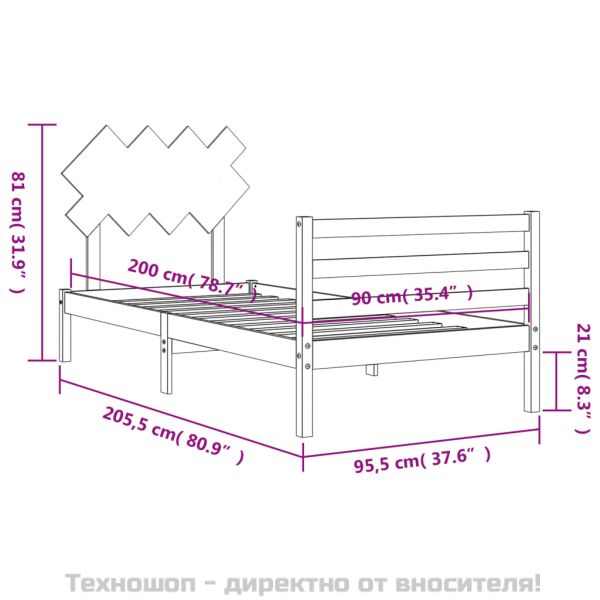 Рамка за легло с табла, бяла, 90x200 см, масивно дърво