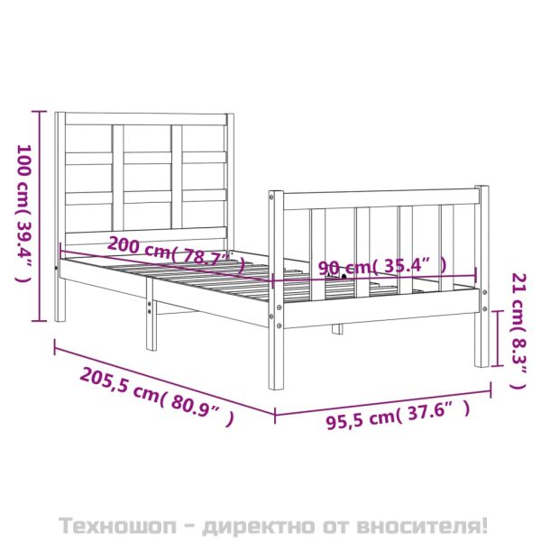 Рамка за легло без матрак, бял, 90x200 см, бор масив