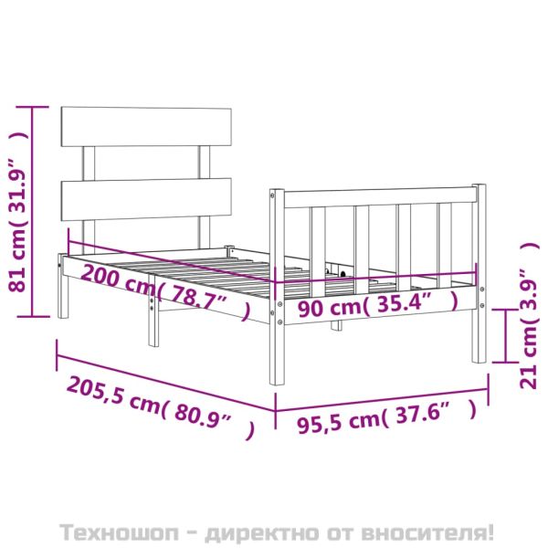 Рамка за легло без матрак, бял, 90x200 см, бор масив
