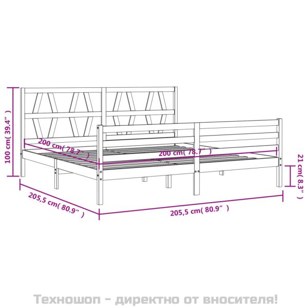 Рамка за легло с табла, сива, 200х200 см, масивно дърво