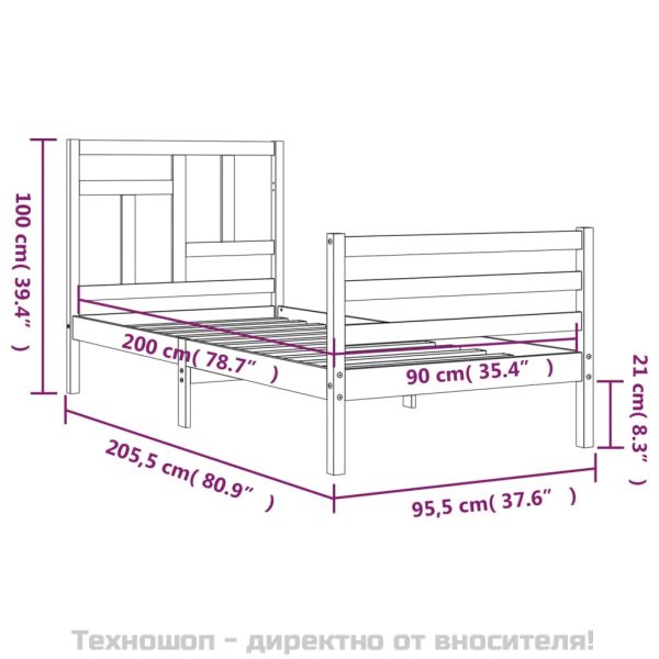 Рамка за легло с табла, бяла, 90x200 см, масивно дърво