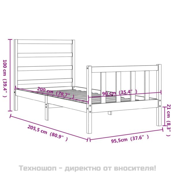 Рамка за легло без матрак, бял, 90x200 см, бор масив