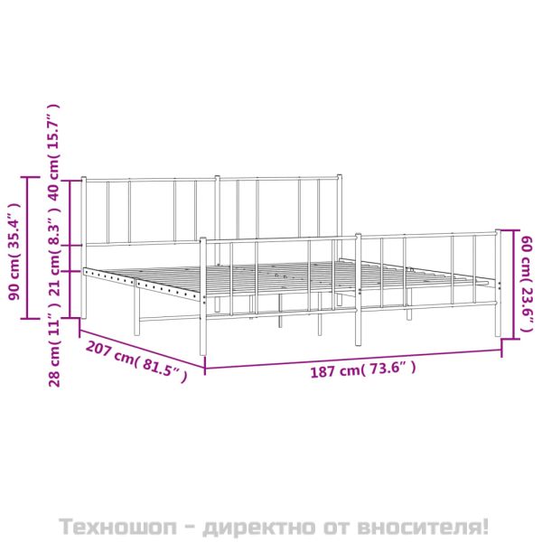 Метална рамка за легло, без матрак, с табли, черна, 180x200 см