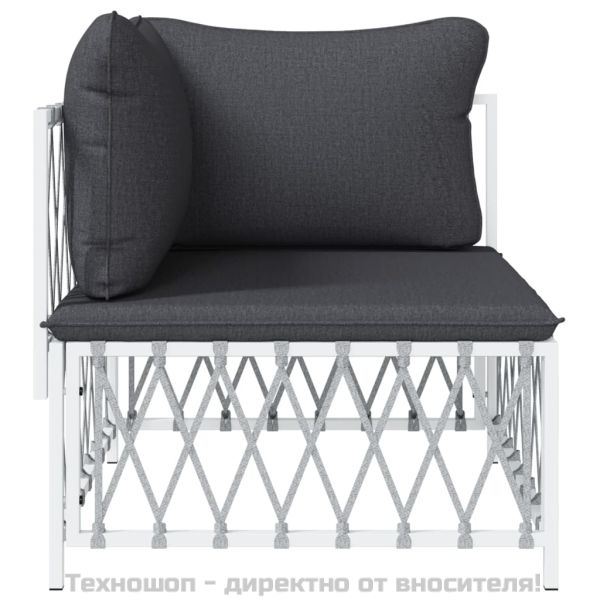 Градински ъглов диван с възглавници, бял, тъкан плат