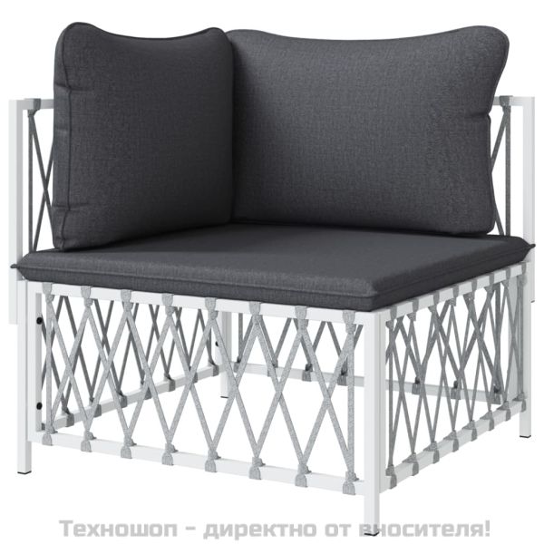 Градински ъглов диван с възглавници, бял, тъкан плат