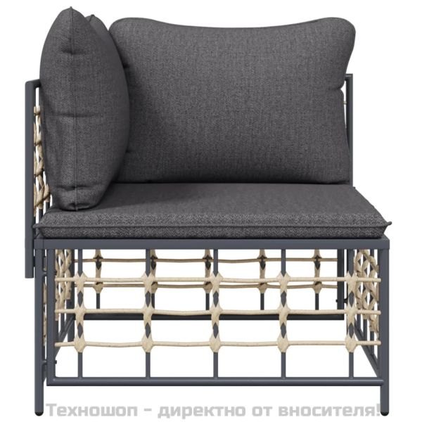 Градински ъглов диван с тъмносиви възглавници, полиратан