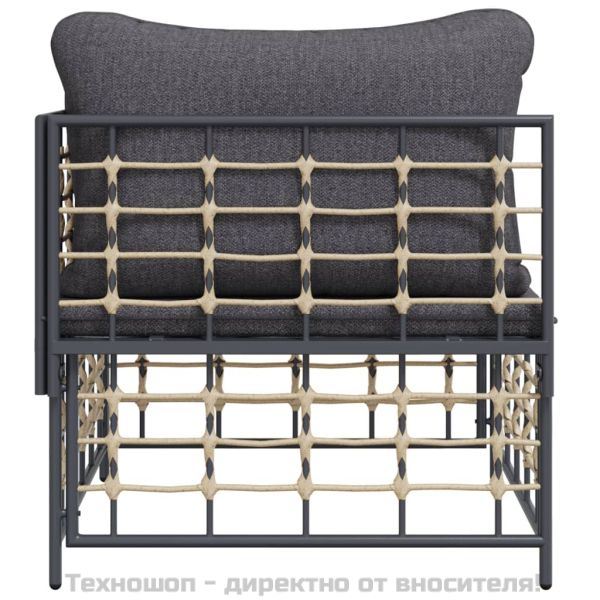 Градински ъглов диван с тъмносиви възглавници, полиратан