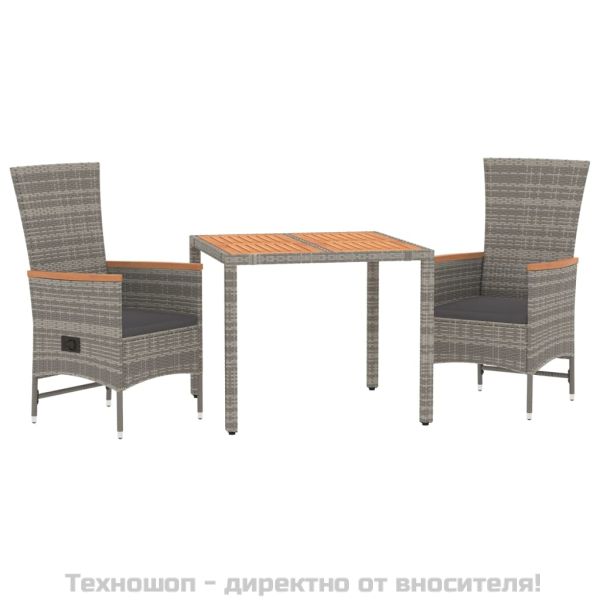 Градински трапезен комплект 3 части с възглавници сив полиратан