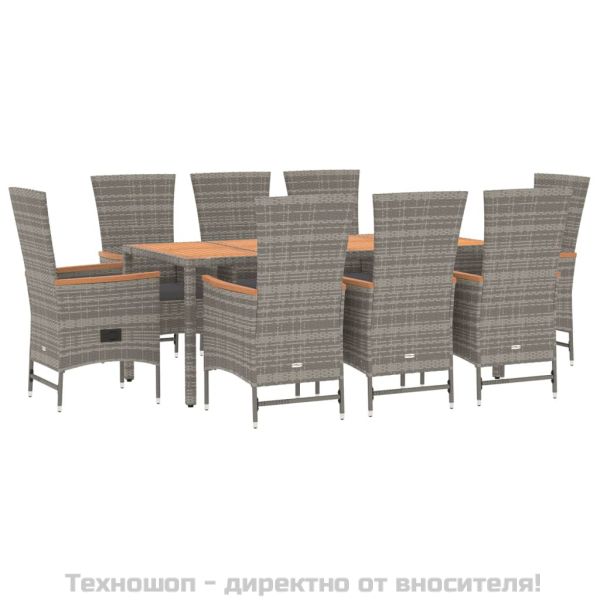 Градински трапезен комплект 9 части с възглавници сив полиратан