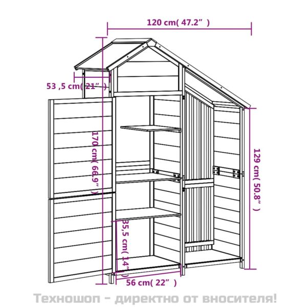 Градинска барака за инструменти кафяв 120x53,5x170 см бор масив