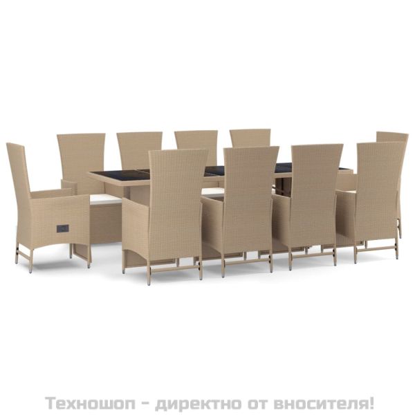 Градински комплект с възглавници, 11 части, бежов полиратан