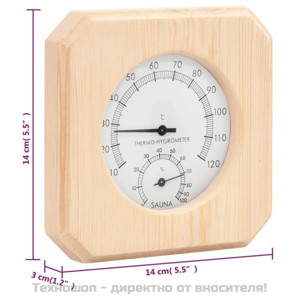 2-в-1 термохигрометър и пясъчен таймер за сауна, бор масив