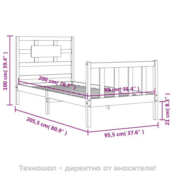 Рамка за легло без матрак, бял, 90x200 см, бор масив