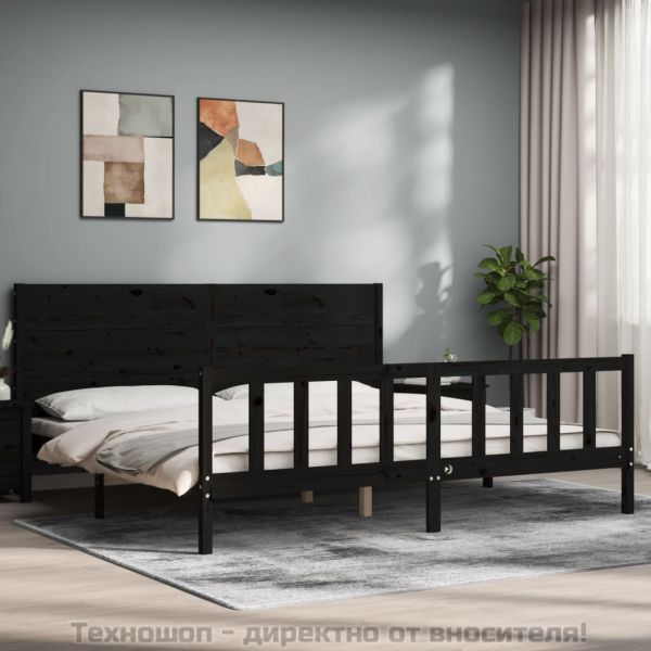 Рамка за легло с табла, черна, 200x200 см, масивно дърво