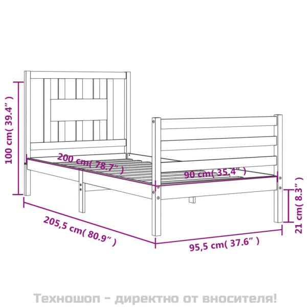 Рамка за легло с табла, 90x200 см, масивно дърво