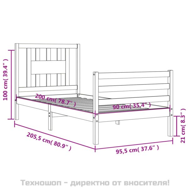 Рамка за легло с табла, бяла, 90x200 см, масивно дърво