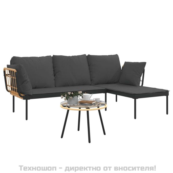 Градински комплект с тъмносиви възглавници 3 части полиратан
