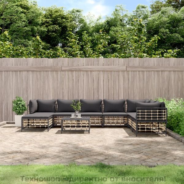 Градински комплект с възглавници 9 части антрацит полиратан