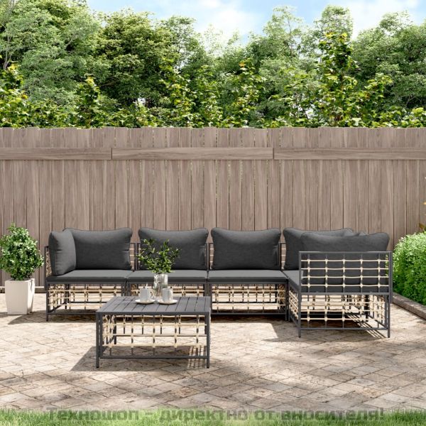 Градински комплект с възглавници 6 части антрацит полиратан