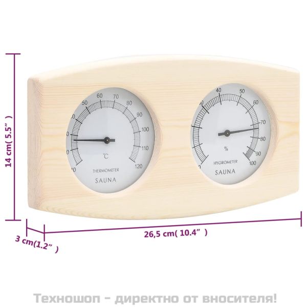 2-в-1 термохигрометър и пясъчен таймер за сауна, бор масив