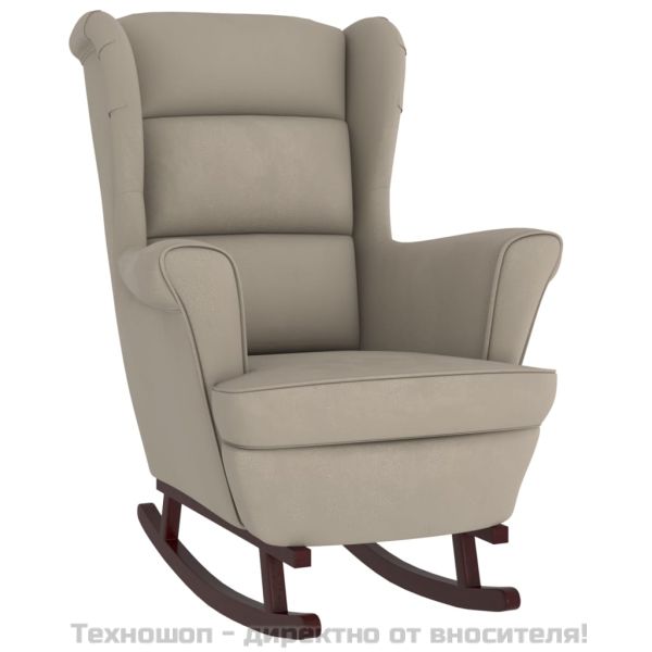 Люлеещ се стол с облегалка, светлосив кадифе и масивно дърво