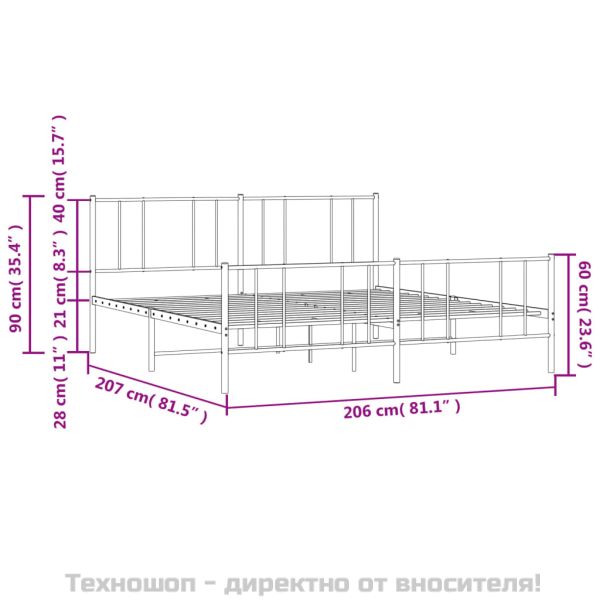 Метална рамка за легло с горна и долна табла, бяла, 200x200 см