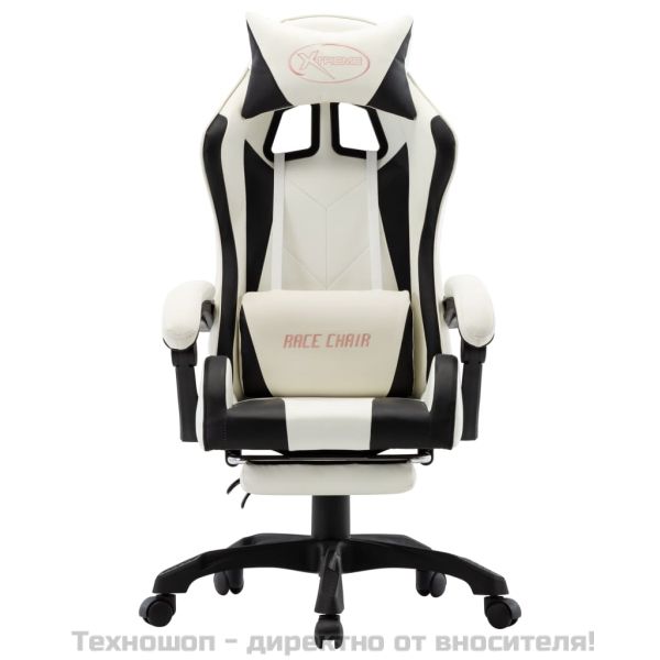 Геймърски стол с подложка за крака черно/бяло изкуствена кожа